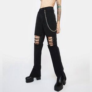 MOMOKROM High Waist Straight Leg Distressed Mom Jeans Cutout Knees Black US 12